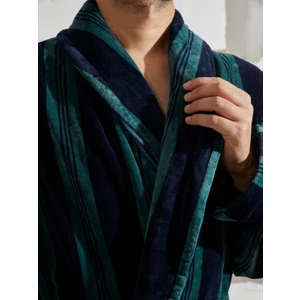 %100 Pamuk Özel Tasarım Ekstra Yumuşak Çizgili Yeşil Şalyaka Erkek Bornoz