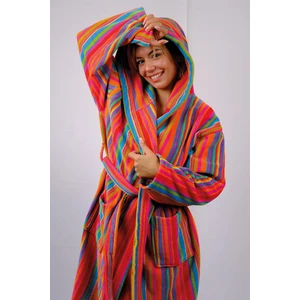%100 Pamuk Gökkuşağı Kimono Yaka Kapşonlu Kadın Bornoz