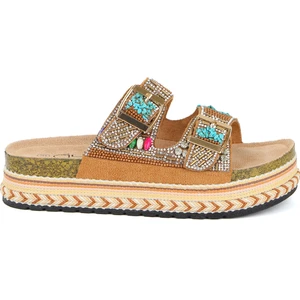 25Y103 Kadın Mantar Platform Taban Taşlı Çift Toklaı Comfort Terlik Camel