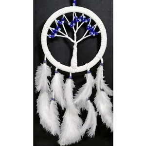 Beyaz Kuş Tüylü Cam Nazar Boncuklu Hayat Ağacı Duvar Dekoru