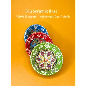 3'lü Çini Motifli Seramik Kase Sunumluk & Çerezlik %100 El Yapımı Kabartma Tekniği