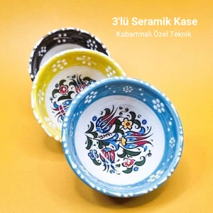 3'lü Çini Motifli Seramik Kase Sunumluk & Çerezlik %100 El Yapımı Kabartma Tekniği