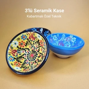 3'lü Çini Motifli Seramik Kase Sunumluk & Çerezlik %100 El Yapımı Kabartma Tekniği