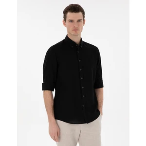 Pierre Cardin Erkek Siyah Keten Karışımlı Regular Fit Uzun Kollu Gömlek 50303245-VR046