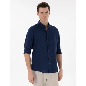 Pierre Cardin Erkek Lacivert Keten Karışımlı Regular Fit Uzun Kollu Gömlek 50303245-VR033