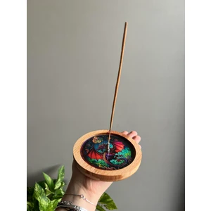 Ahşap Üzerine Epoksi Mandala Desenli Yuvarlak Tütsülük -12  cm  Çap- Ejderha/dragon