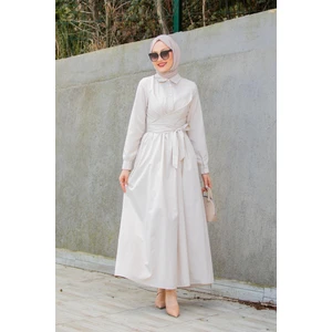 Tesettür Çarşım Qua Pamuk Cotton Bağlamalı Elbise-Bej