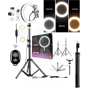 Kumandalı Youtuber Tiktok Çekim Işıklı Telefon Tutucu Makyaj Işığı Ring Light 10 Inç + 2.1 M Tripod