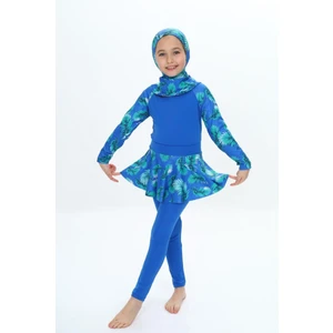 Yeni Sezon Üç Parça Dalgıç Kumaş Uzun Kollu Yapraklı Tayt-Etekli-Uv Korumalı-Boneli Kız Çocuk Haşema-Mayo