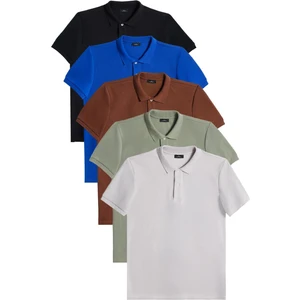 Erkek 5'li Paket Siyah-Saks Mavi-Kahverengi-Haki-Gri Slim Fit Pamuklu Düz Pike Polo Yaka Tişört