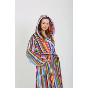 Pamuk Dikey Renkli Çizgili Kapüşonlu Kadın Bornoz - Yüksek Emilim Ultra Lüks Bornoz
