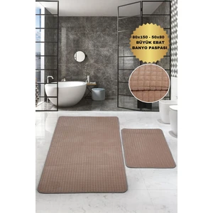 Bonny Home Kare Plus Vizon 80 x 150 + 50 x 80  cm  Büyük Ebat Banyo Paspası Kaymaz Taban Yıkanabilir Klozet Takımı
