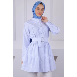 İmaj Butik Beyaz Mavi Hakim Yaka Çizgili Poplin Tunik