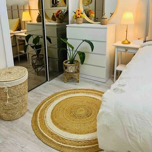 Cool Halı Vime 01R Natural Beyaz Yuvarlak Jüt Halı Yolluk El Dokuma Jüt Kilim Hasır Halı Otantik Bohem Halı