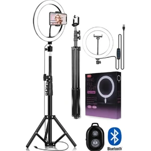 Bluetooth Kumandalı 10"inç LED Işıklı Halka Işığı+ 210 cm Tripod + Yaylı Telefon Tutucu