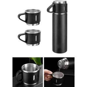 Deco Elit Paslanmaz Çelik Termos 3 Bardaklı Termos Seti Vakumlu  Kamp Termos Set Siyah