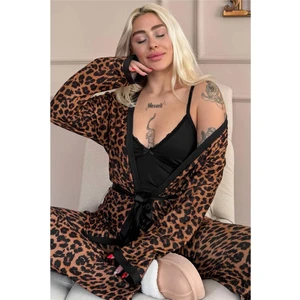 Siyah Leopard Luxe Exclusive Örme Sabahlıklı Kadın Pijama Takım