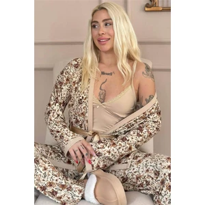 Bej Autumn Blossom Exclusive Örme Sabahlıklı Kadın Pijama Takım