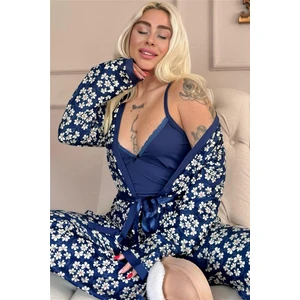 Lacivert Blossom Exclusive Örme Sabahlıklı Kadın Pijama Takım