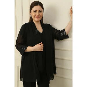 By Saygı V Yaka Pullu Kolsuz Bluz Bronşlu Kol Uçları Pullu Şifon Ceket Büyük Beden 2'li Takım