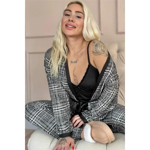 Siyah Grid Exclusive Örme Sabahlıklı Kadın Pijama Takım