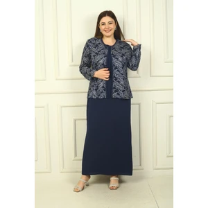 By Saygı Yakası Boncuk Nakışlı Uzun Elbise Boncuk Pul Nakışlı Ceket Astarlı Büyük Beden 2'li Takım