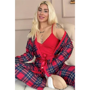 Kırmızı Tartan Exclusive Örme Sabahlıklı Kadın Pijama Takım