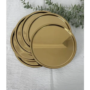 6 Adet Gold Paslanmaz Çelik 21 cm Yuvarlak Çay, Kahve, Pasta Servis Tepsisi Dekoratif Sunum Tepsisi