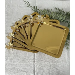 Lüx Gold Kelebek Aksesuarlı Paslanmaz Çelik Kare 6’lı Kahve, Çay, Dekoratif Sunum Servis Tepsisi