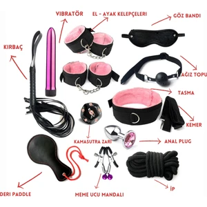 Çok Parçalı Deri Bdsm Kelepçe Kırbaç Fantezi Seti | 13 Parça | Pembe | Gizli Paket