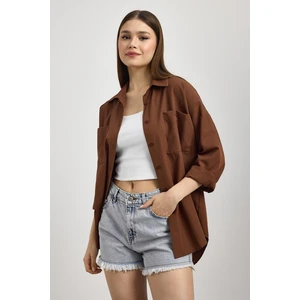 Kahve Çift Cepli Oversize Uzun Basic Gömlek - TCR-6256A