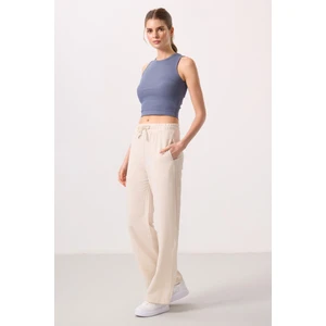 Tommy Life Bej Keten Geniş Paça Rahat Form Kadın Palazzo Pantolon - 94675