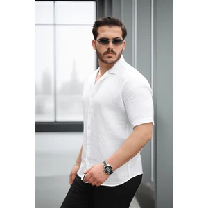 Yarım Oversize Apaş Yaka Kısa Kol Müslin Kumaş Erkek Gömlek - Beyaz