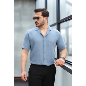 Yarım Oversize Apaş Yaka Kısa Kol Müslin Kumaş Erkek Gömlek - Soğuk Mavi