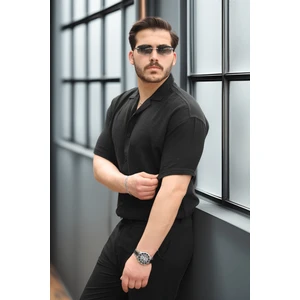 Yarım Oversize Apaş Yaka Kısa Kol Müslin Kumaş Erkek Gömlek - Siyah