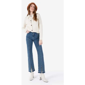 Regular Fit Yüksel Bel Yırtmaçlı Paça Kadın İndigo Jean Pantolon