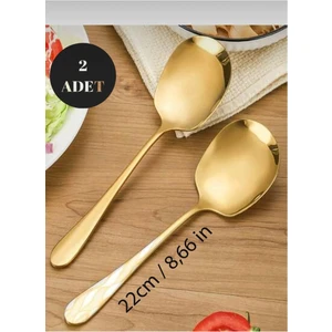 2 Adet Gold Lüks Servis Sunum Pilav Salata ve Tatlı Servis Kaşığı Paslanmaz Çelik Gold Parlak 21CM