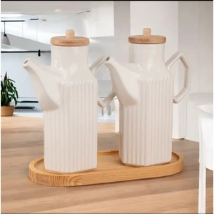Bambu Standlı 2’li 1000 ml Prizma Porselen Ayçiçek Yağı Zeytin Yağı Takımı 3 Parça Yağdanlık Set