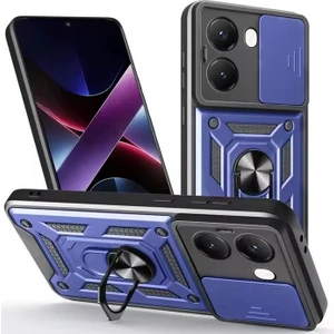 Xiaomi Poco X7 Pro Uyumlu Kılıf Yüzüklü Sürgülü Kamera Korumalı Pars Lacivert + Ekran Koruyucu