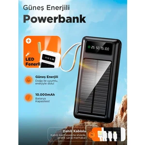 Pw-59 10000mAh Güneş Enerjili Taşınabilir Şarj Cihazı - Çift LED Fenerli, LCD Ekranlı, 2 Usb-A Ç