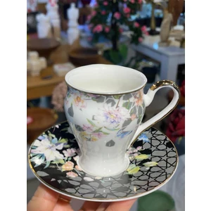 Siyah Çiçek Desenli Tek Kişilik Türk Kahvesi Fincanı