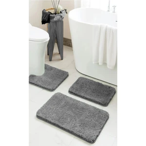 Home %100 Doğal Kaymaz Taban Yıkanabilir Gri Shaggy 3’lü Banyo Halısı, Paspas