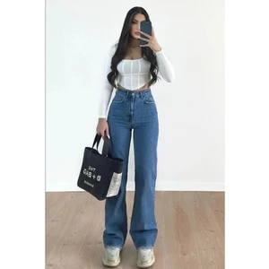 Christian 90's Orta Mavi Palazzo Salaş Paça Süper Yüksek Bel Jean Pantolon