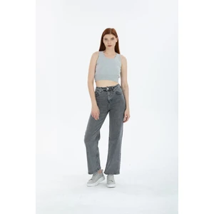Kar Yıkama Kar Gri Likralı Süper Yüksek Bel Wide Leg Salaş Jeans Palazzo Pantolon