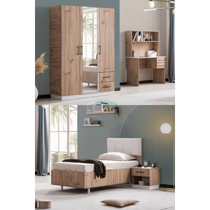 Genç Odası Efes 3 Kapaklı Dolap,bazalı Karyola,çalışma Masası,komodin Ceviz Krem