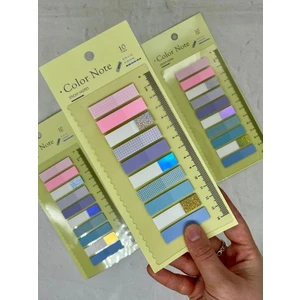 10 Renkli Cetvelli Altın Yaldızlı Pembe ve Mavi Tonları Şeffaf Pet İndeks Sticker/İndex/Postit/Post-it/Kitap Ayracı/Not Kağıdı