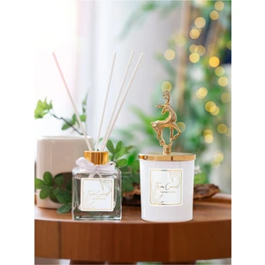 Tiem Concept Geyik Başlıklı Gold Detaylı Çubuklu Oda Kokusu 100 ml ve Beyaz Bardak  Mum Seti