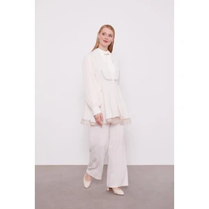 Bej Şifon Kollu Taş Detay Ikili Takım
