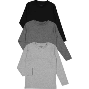 Erkek Kız Pamuklu Uzun Kollu Çocuk Tişört 3'lü Set (Siyah/Gri/Antrasit) - Unisex Çocuk Basic T-Shirt