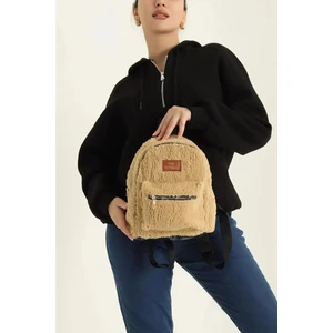 Kadın Günlük Şık Peluş Bej Sırt Çantası Modern ve Sevimli Tasarım 30X30(YXG)